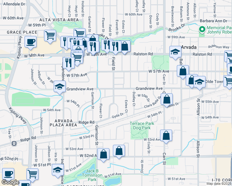 map of restaurants, bars, coffee shops, grocery stores, and more near 5500 Field Street in Arvada