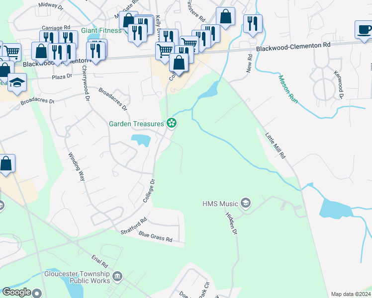 map of restaurants, bars, coffee shops, grocery stores, and more near 2016 Broadacres Drive in Clementon