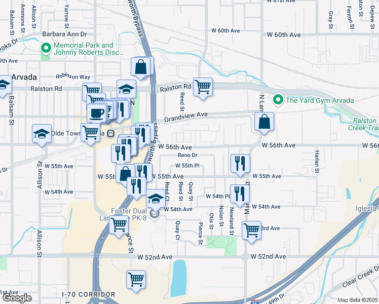 map of restaurants, bars, coffee shops, grocery stores, and more near 6895 Reno Drive in Arvada