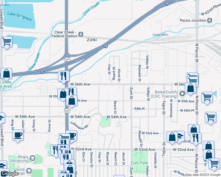 map of restaurants, bars, coffee shops, grocery stores, and more near 2600 West 56th Avenue in Denver