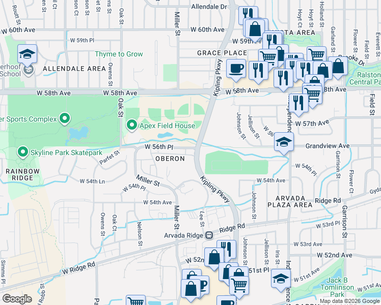map of restaurants, bars, coffee shops, grocery stores, and more near 10089 West 55th Drive in Arvada