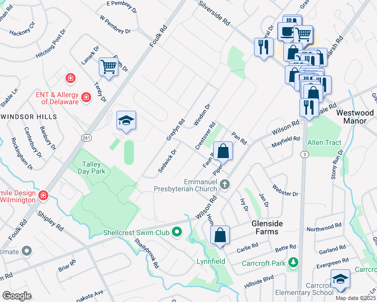 map of restaurants, bars, coffee shops, grocery stores, and more near 1817 Graywell Road in Wilmington