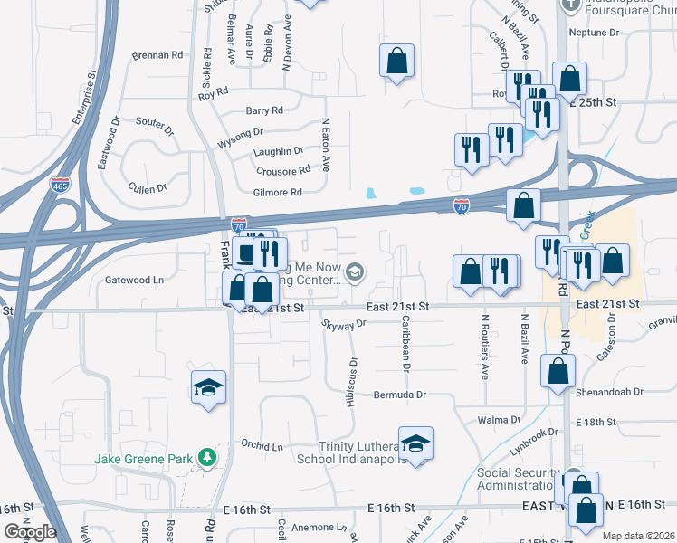 map of restaurants, bars, coffee shops, grocery stores, and more near 2176 Braeburn East Drive in Indianapolis