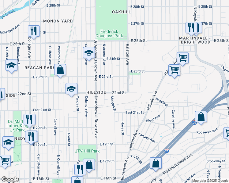 map of restaurants, bars, coffee shops, grocery stores, and more near 2207 Sheldon Street in Indianapolis