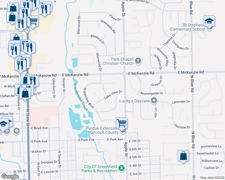 map of restaurants, bars, coffee shops, grocery stores, and more near 216 Lake View Dr in Greenfield
