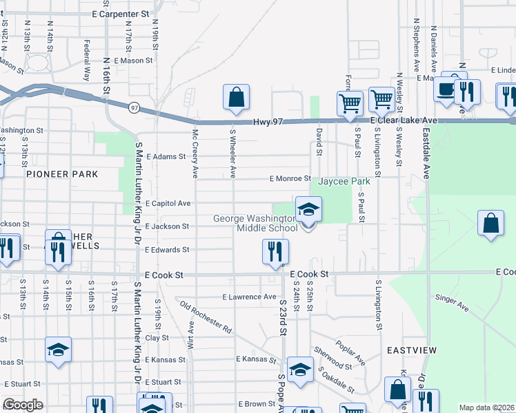 map of restaurants, bars, coffee shops, grocery stores, and more near 2132 East Capitol Avenue in Springfield