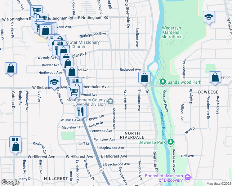 map of restaurants, bars, coffee shops, grocery stores, and more near 207 Ashwood Avenue in Dayton