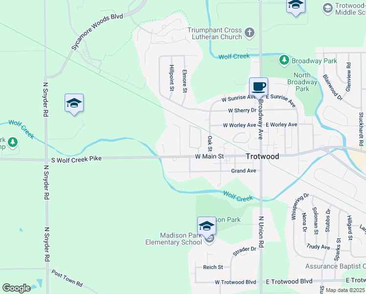 map of restaurants, bars, coffee shops, grocery stores, and more near 18 Carma Drive in Trotwood