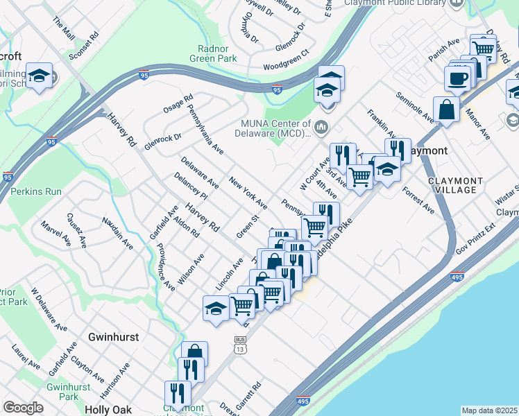 map of restaurants, bars, coffee shops, grocery stores, and more near 2811 Green Street in Claymont