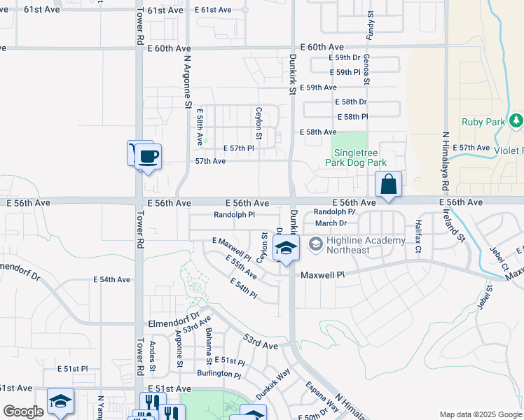 map of restaurants, bars, coffee shops, grocery stores, and more near 19087 Randolph Place in Denver