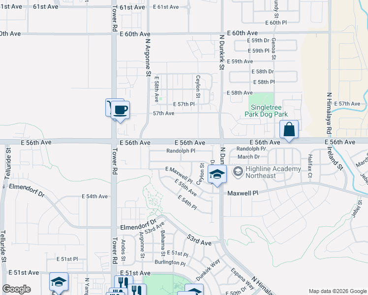 map of restaurants, bars, coffee shops, grocery stores, and more near 19007 Randolph Place in Denver