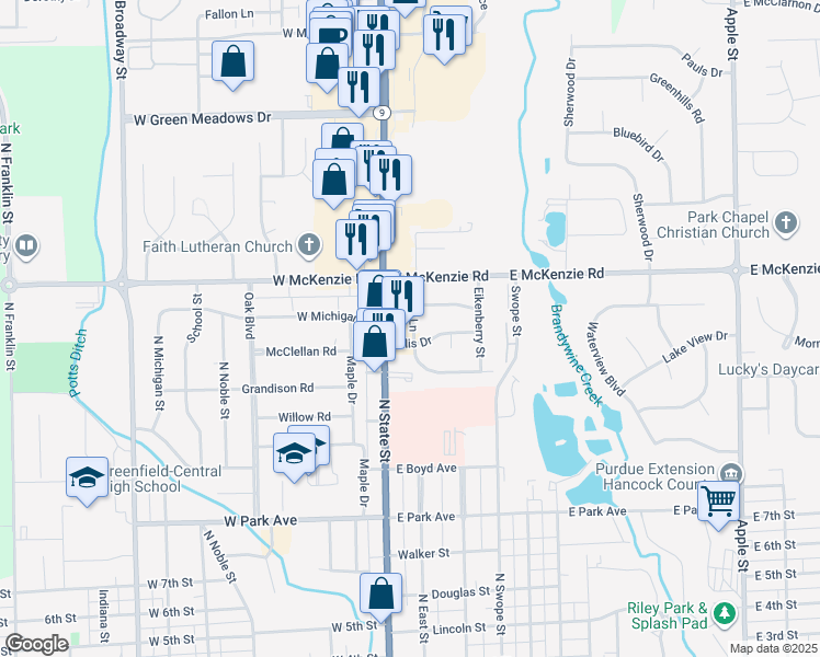 map of restaurants, bars, coffee shops, grocery stores, and more near 1105 Allen Lane in Greenfield