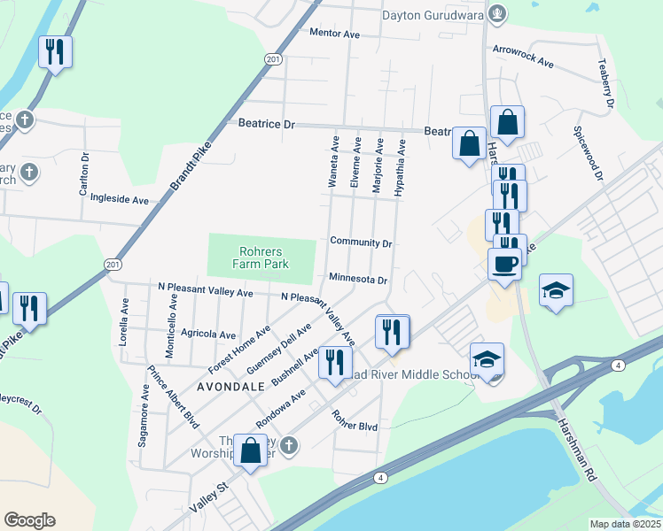 map of restaurants, bars, coffee shops, grocery stores, and more near 212 Waneta Avenue in Dayton