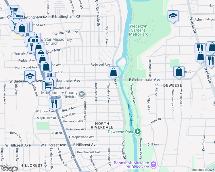 map of restaurants, bars, coffee shops, grocery stores, and more near 345 Ashwood Avenue in Dayton