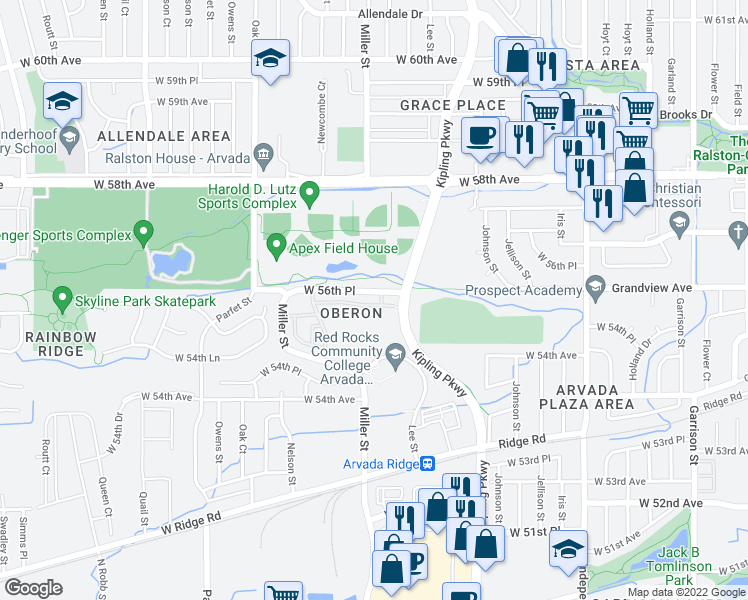 map of restaurants, bars, coffee shops, grocery stores, and more near 10129 West 55th Drive in Arvada