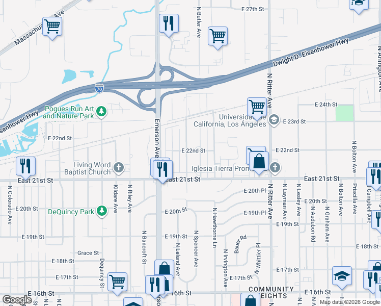 map of restaurants, bars, coffee shops, grocery stores, and more near 5201 East 22nd Street in Indianapolis