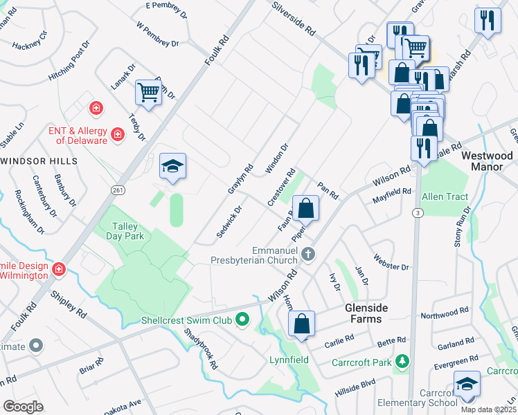 map of restaurants, bars, coffee shops, grocery stores, and more near 1817 Graywell Road in Wilmington