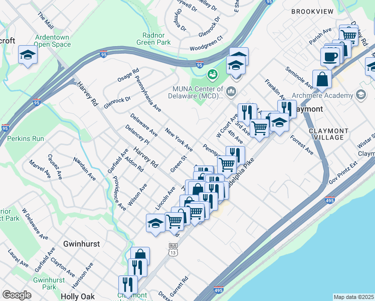 map of restaurants, bars, coffee shops, grocery stores, and more near 2811 Green Street in Claymont