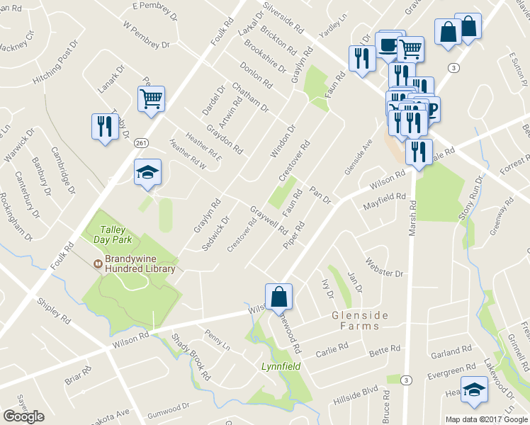 map of restaurants, bars, coffee shops, grocery stores, and more near 1817 Graywell Road in Wilmington