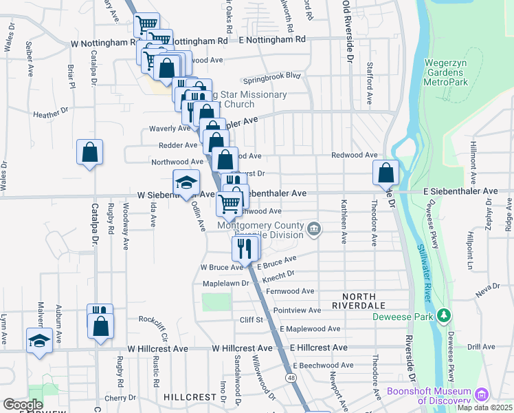 map of restaurants, bars, coffee shops, grocery stores, and more near 45 Ashwood Avenue in Dayton