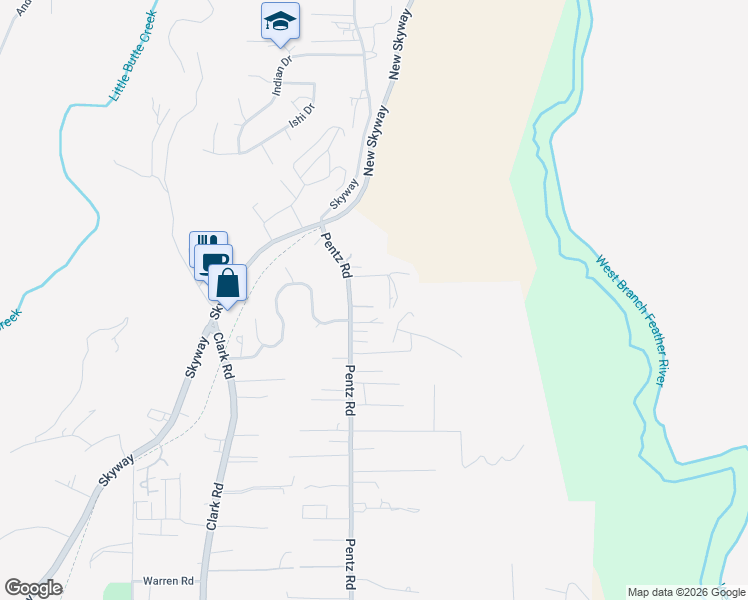 map of restaurants, bars, coffee shops, grocery stores, and more near 7260 Pentz Road in Paradise