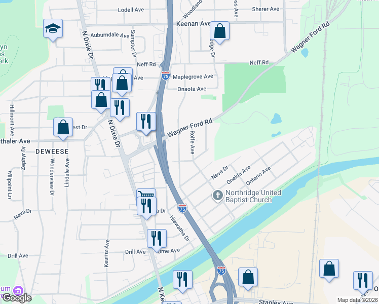 map of restaurants, bars, coffee shops, grocery stores, and more near 3417 Rolfe Avenue in Dayton