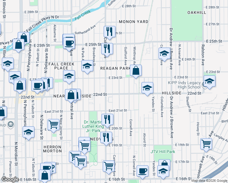 map of restaurants, bars, coffee shops, grocery stores, and more near 728 East 22nd Street in Indianapolis