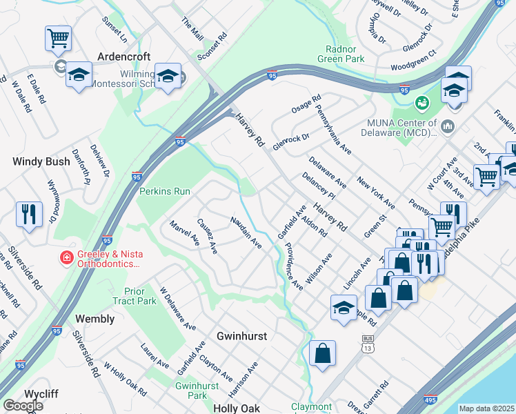 map of restaurants, bars, coffee shops, grocery stores, and more near 1006 Parkside Boulevard in Claymont