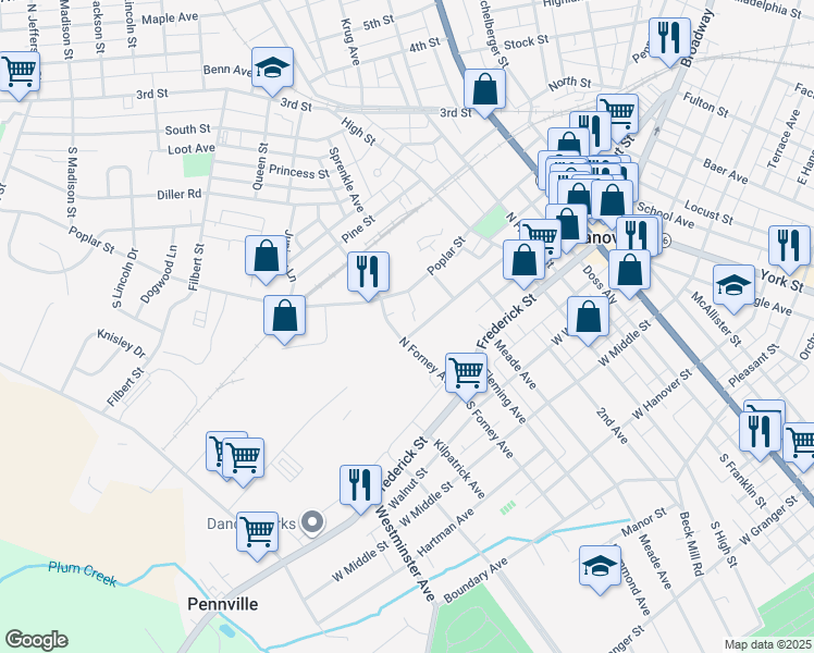 map of restaurants, bars, coffee shops, grocery stores, and more near 101 North Forney Avenue in Hanover