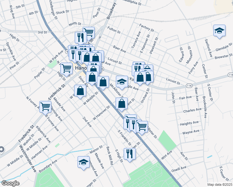 map of restaurants, bars, coffee shops, grocery stores, and more near 41 McAllister St in Hanover