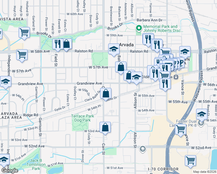 map of restaurants, bars, coffee shops, grocery stores, and more near 5575 Brentwood St in Arvada