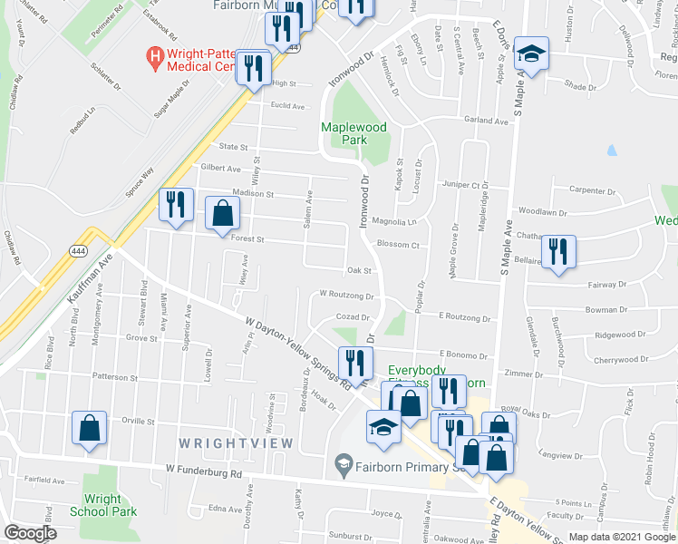 map of restaurants, bars, coffee shops, grocery stores, and more near 149 Oak Street in Fairborn