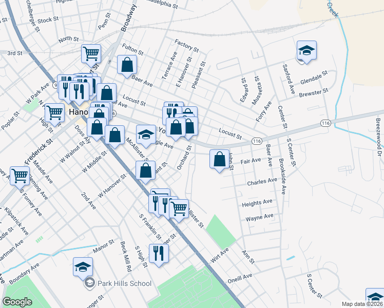 map of restaurants, bars, coffee shops, grocery stores, and more near 451 York Street in Hanover