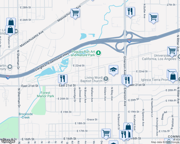 map of restaurants, bars, coffee shops, grocery stores, and more near 2162 Wallace Avenue in Indianapolis