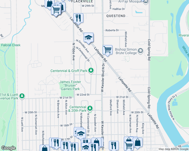 map of restaurants, bars, coffee shops, grocery stores, and more near 2270 North Goodlet Avenue in Indianapolis