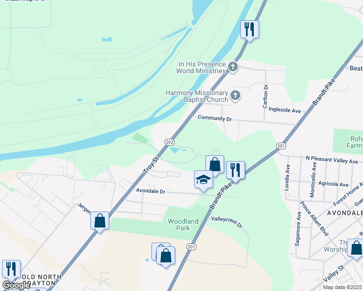 map of restaurants, bars, coffee shops, grocery stores, and more near 3719 Lakebend Drive in Dayton