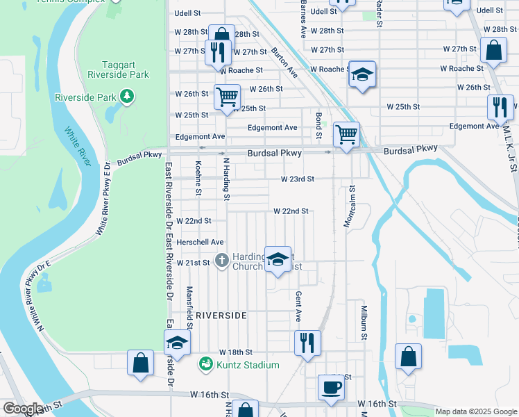 map of restaurants, bars, coffee shops, grocery stores, and more near 1316 West 22nd Street in Indianapolis