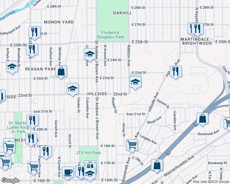 map of restaurants, bars, coffee shops, grocery stores, and more near 2207 Sheldon Street in Indianapolis