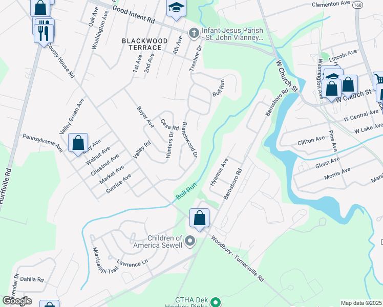 map of restaurants, bars, coffee shops, grocery stores, and more near 127 Branchwood Drive in Deptford