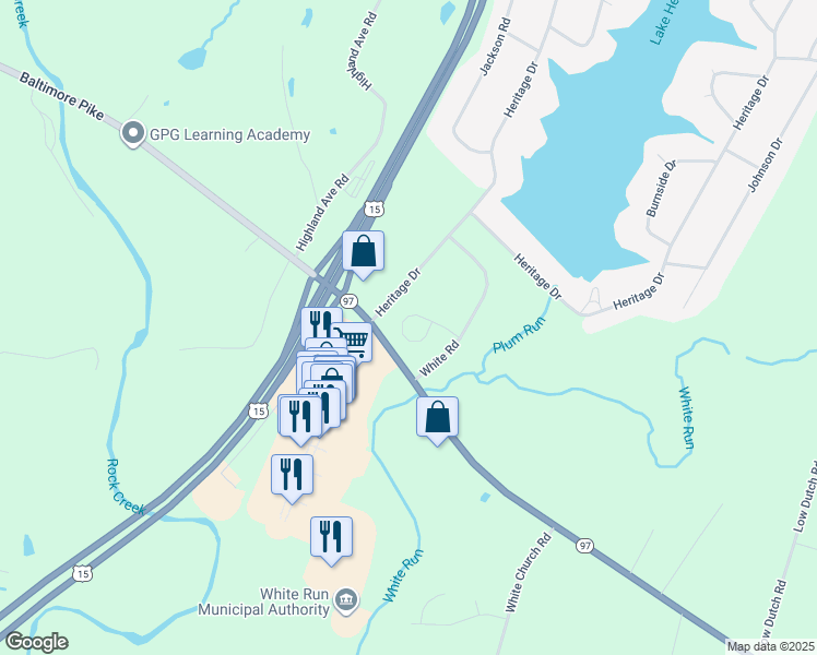 map of restaurants, bars, coffee shops, grocery stores, and more near 42 Spring Creek Circle in Gettysburg