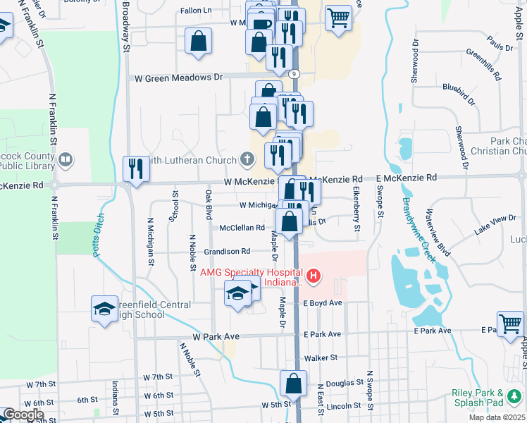 map of restaurants, bars, coffee shops, grocery stores, and more near 21 West Michigan Street in Greenfield