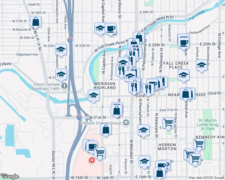 map of restaurants, bars, coffee shops, grocery stores, and more near 2225 North Kenwood Avenue in Indianapolis