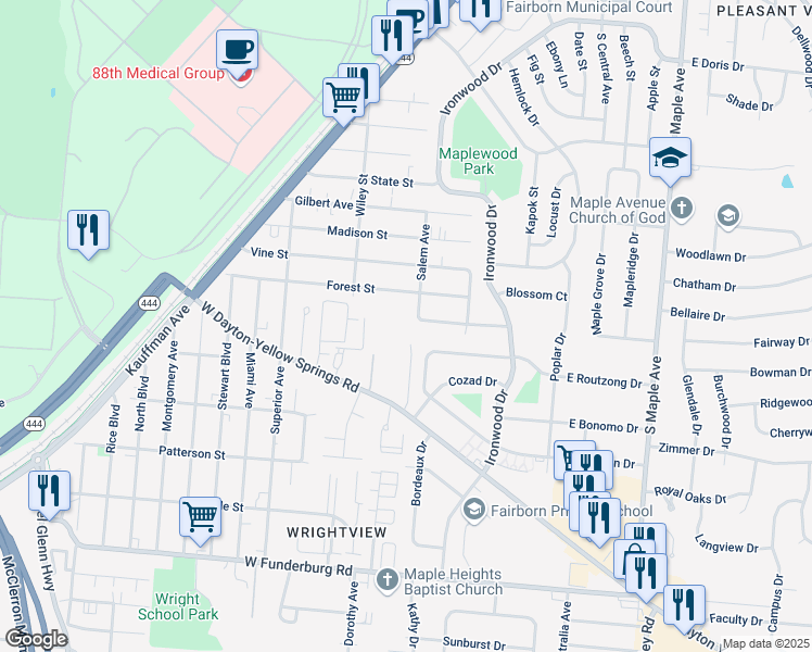 map of restaurants, bars, coffee shops, grocery stores, and more near 192 Oak Street in Fairborn