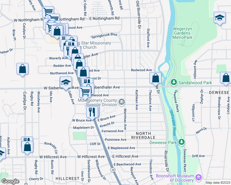 map of restaurants, bars, coffee shops, grocery stores, and more near 133 Ashwood Avenue in Dayton