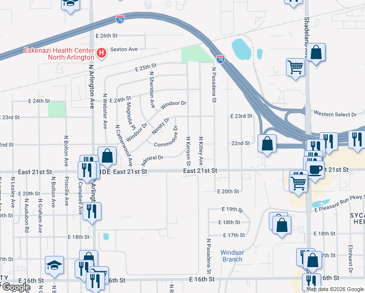 map of restaurants, bars, coffee shops, grocery stores, and more near 2258 Admiral Drive in Indianapolis