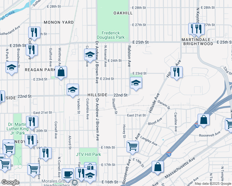 map of restaurants, bars, coffee shops, grocery stores, and more near 2207 Sheldon Street in Indianapolis