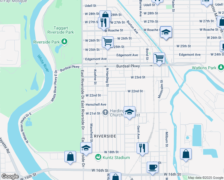 map of restaurants, bars, coffee shops, grocery stores, and more near 1362 West 22nd Street in Indianapolis