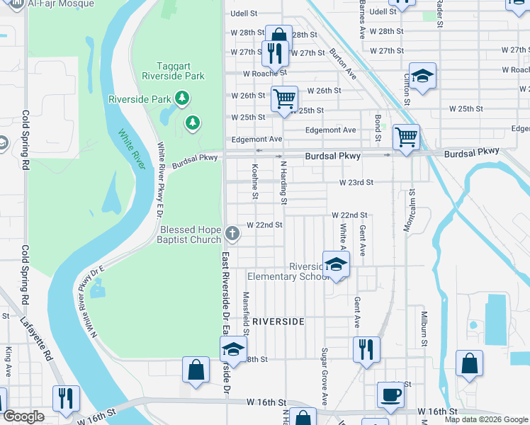 map of restaurants, bars, coffee shops, grocery stores, and more near 1427 West Pruitt Street in Indianapolis