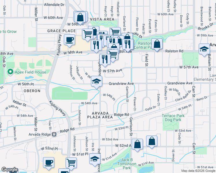 map of restaurants, bars, coffee shops, grocery stores, and more near 9570 Grandview Avenue in Arvada