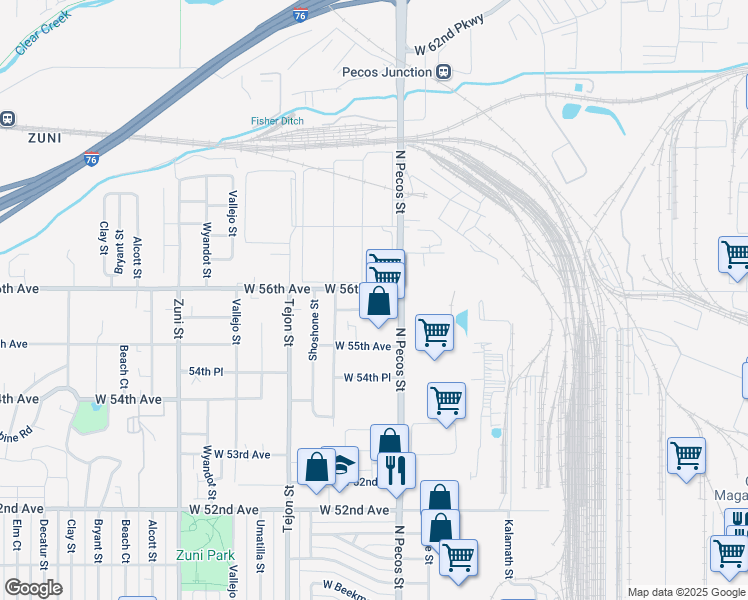 map of restaurants, bars, coffee shops, grocery stores, and more near 5574 Quivas Street in Denver